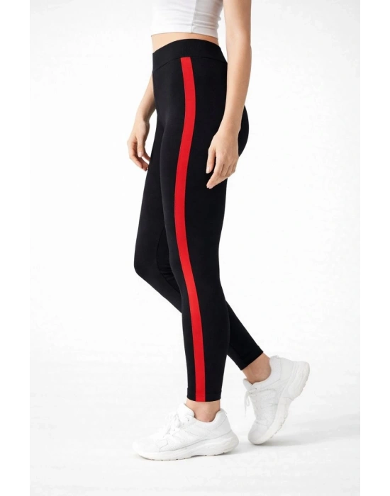 Kadın Likralı Yan Kırmızı Şeritli Detaylı Tayt - Siyah