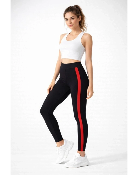 Kadın Likralı Yan Kırmızı Şeritli Detaylı Tayt - Siyah