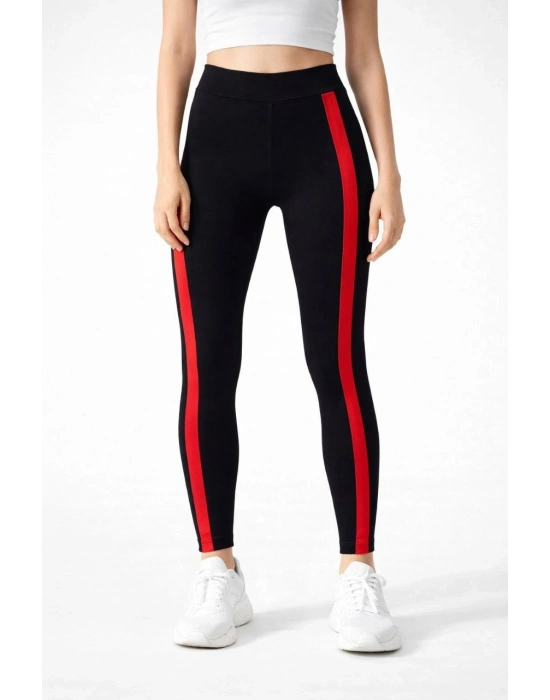 Kadın Likralı Yan Kırmızı Şeritli Detaylı Tayt - Siyah