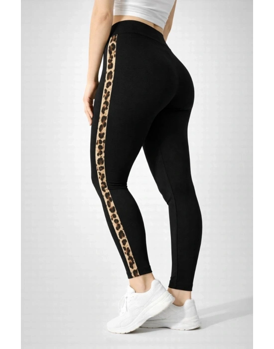 Kadın Likralı Yan Leopar Şeritli Detaylı Tayt - Siyah