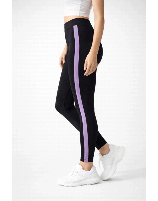 Kadın Likralı Yan Lila Şeritli Detaylı Tayt - Siyah