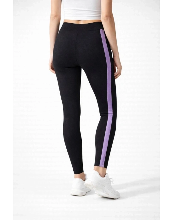 Kadın Likralı Yan Lila Şeritli Detaylı Tayt - Siyah