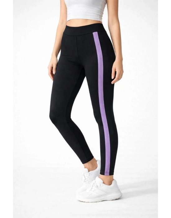 Kadın Likralı Yan Lila Şeritli Detaylı Tayt - Siyah