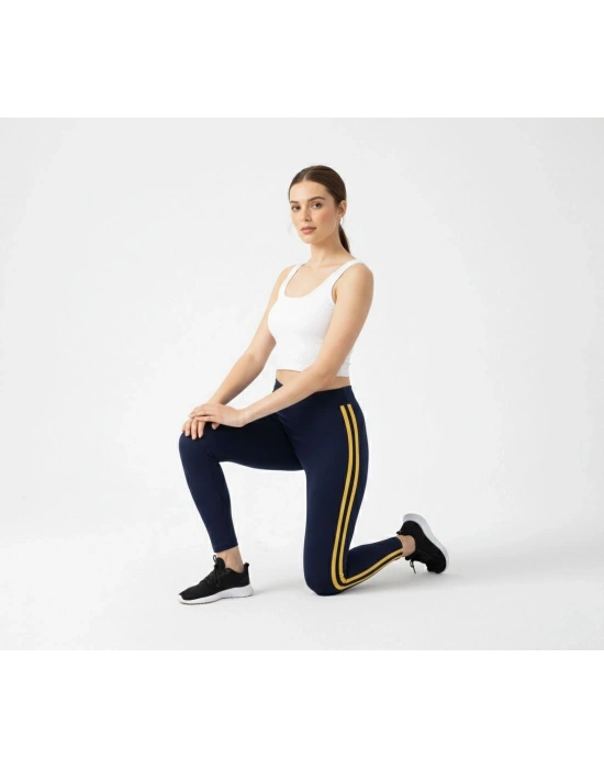 Kadın Likralı Yan Sarı Şeritli Detaylı Tayt - Siyah