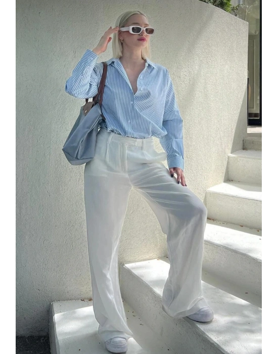 Kadın Mavi Çizgili Oversize Poplin Gömlek