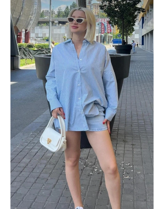 Kadın Mavi Çizgili Oversize Poplin Gömlek