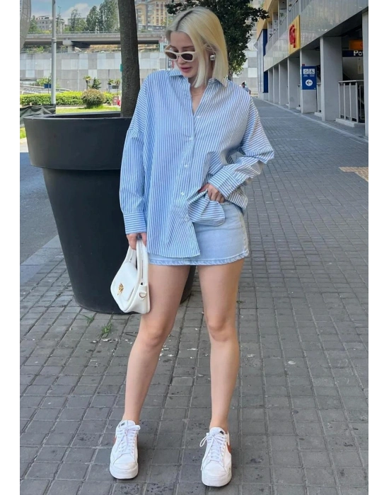 Kadın Mavi Çizgili Oversize Poplin Gömlek