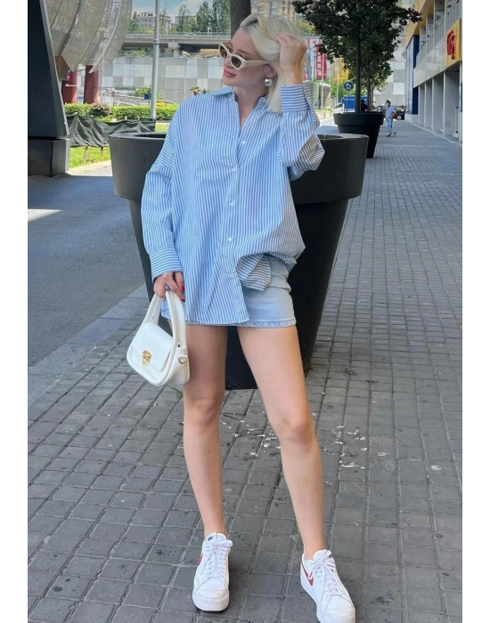 Kadın Mavi Çizgili Oversize Poplin Gömlek