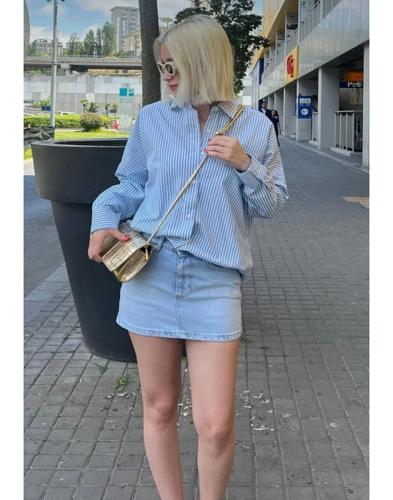 Kadın Mavi Çizgili Oversize Poplin Gömlek