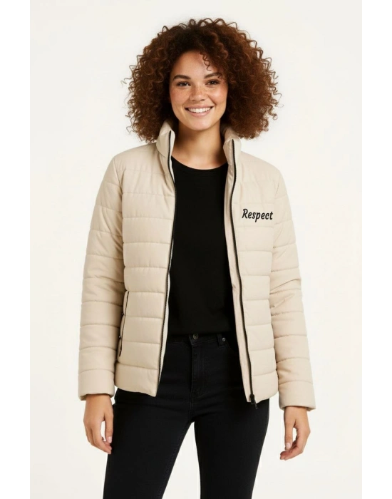 Kadın Mikro Su İtici Kapitone Baskılı Astarlı Fermuarlı Bomber Mont - Bej