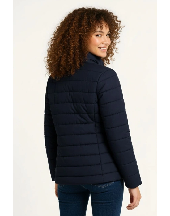 Kadın Mikro Su İtici Kapitone Baskılı Astarlı Fermuarlı Bomber Mont - Lacivert