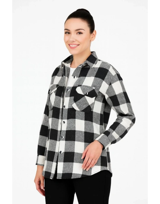 Kadın Oduncu Gömlek – Uzun Kollu, Şardonlu Kumaş, Kırmızı Beyaz Kareli Desen, Regular Fit, Çift Cepli, Manşetli Günlük Şık Stil - Siyah