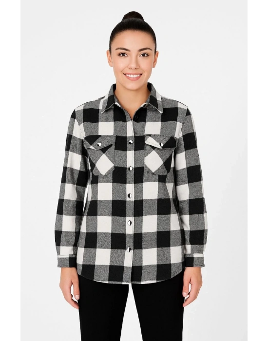 Kadın Oduncu Gömlek – Uzun Kollu, Şardonlu Kumaş, Kırmızı Beyaz Kareli Desen, Regular Fit, Çift Cepli, Manşetli Günlük Şık Stil - Siyah