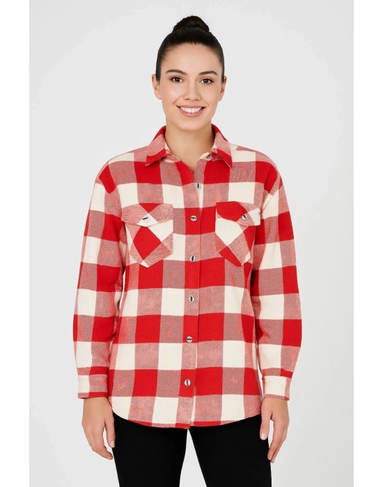 Kadın Oduncu Gömlek – Uzun Kollu, Şardonlu Kumaş, Kırmızı Beyaz Kareli Desen, Regular Fit, Çift Cepli, Manşetli Günlük Şık Stil - Bordo