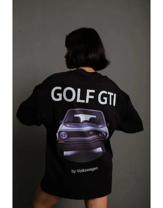 Kadın Oversize Baskılı Tişört – Golf GTI Retro Araba Desenli, Ön & Arka Dijital Baskı, Sokak Modası Stil - Siyah