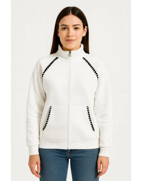Kadın Oversize Dik Yaka Fermuarlı Sweatshirt - Zincir Nakışli Kanguru Cepli, - Beyaz
