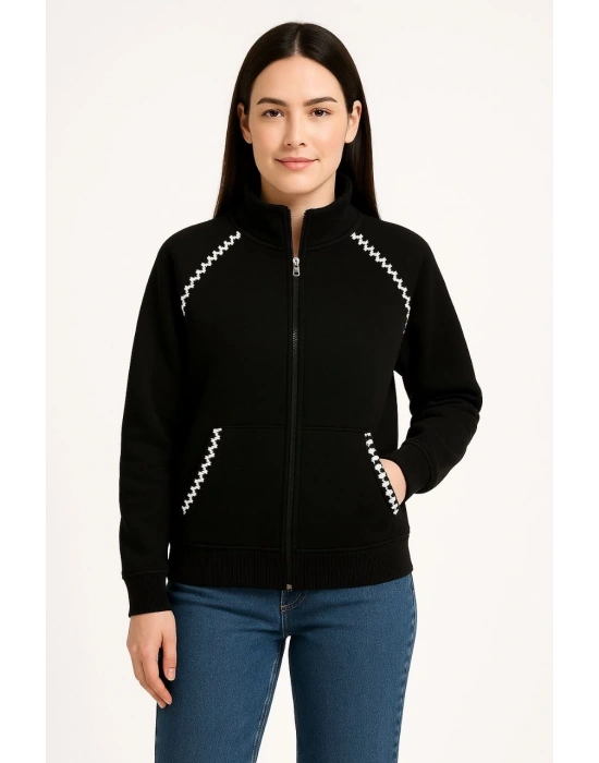 Kadın Oversize Dik Yaka Fermuarlı Sweatshirt - Zincir Nakışli Kanguru Cepli, - Siyah