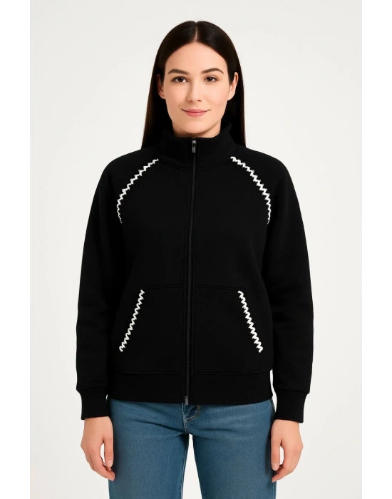 Kadın Oversize Dik Yaka Fermuarlı Sweatshirt - Zincir Nakışli Kanguru Cepli, - Siyah