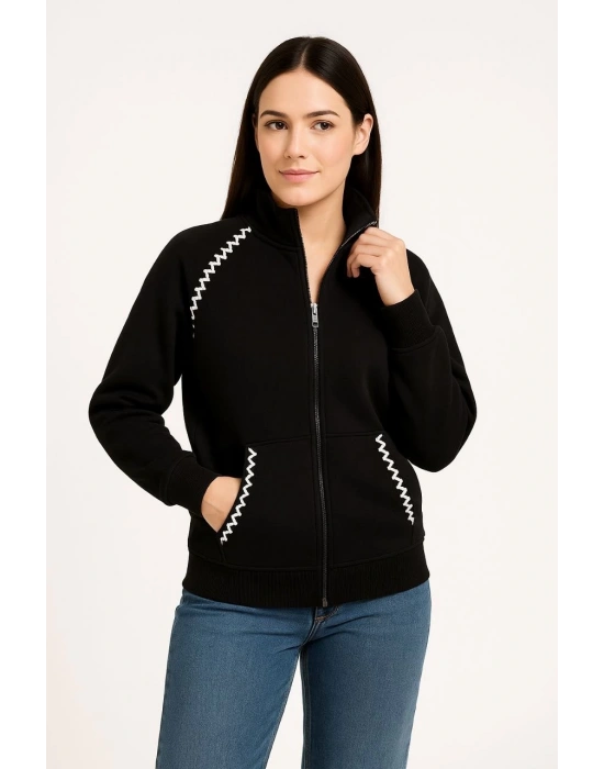Kadın Oversize Dik Yaka Fermuarlı Sweatshirt - Zincir Nakışli Kanguru Cepli, - Siyah