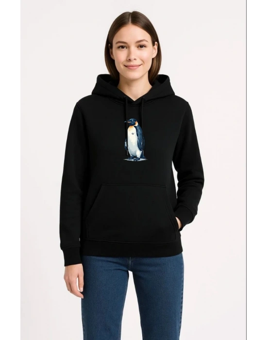 Kadın Oversize Hoodie - Sırt Baskılı Survivor Penguin Temalı, Felsefi Yazılı Kapüşonlu Sweatshirt - Siyah