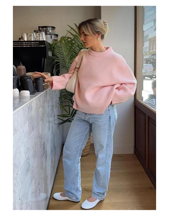 Kadın pembe Oversize Kalıp Kışlık Kazak