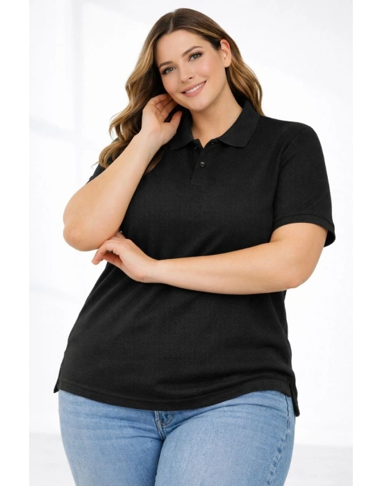 Kadın Pike Kumaş Düğmeli Yaka Battal Büyük Beden Günlük Kısa kol Tişört T-shirt - Siyah