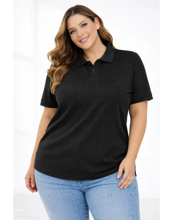 Kadın Pike Kumaş Düğmeli Yaka Battal Büyük Beden Günlük Kısa kol Tişört T-shirt - Siyah