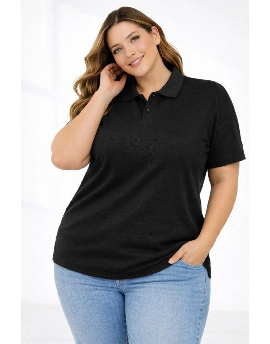 Kadın Pike Kumaş Düğmeli Yaka Battal Büyük Beden Günlük Kısa kol Tişört T-shirt - Siyah