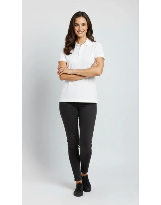 Kadın Pike Kumaş Düğmeli Yaka Regular Rahat Günlük Kısa kol Tişört T-shirt - Beyaz