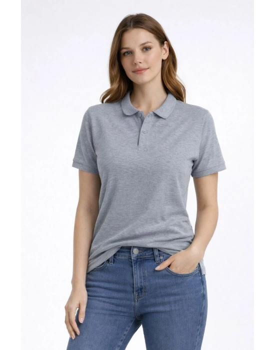 Kadın Pike Kumaş Düğmeli Yaka Regular Rahat Günlük Kısa kol Tişört T-shirt - Gri