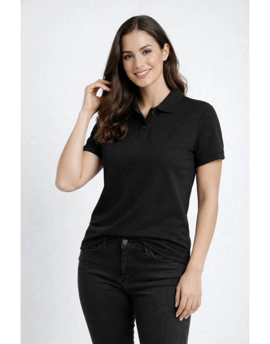 Kadın Pike Kumaş Düğmeli Yaka Regular Rahat Günlük Kısa kol Tişört T-shirt - Siyah