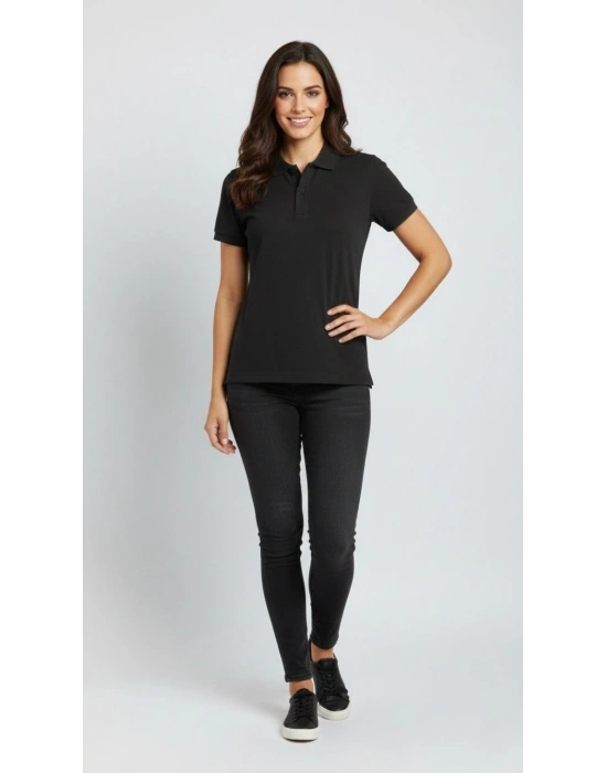 Kadın Pike Kumaş Düğmeli Yaka Regular Rahat Günlük Kısa kol Tişört T-shirt - Siyah