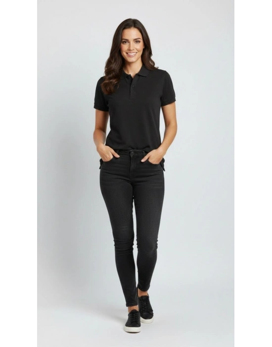 Kadın Pike Kumaş Düğmeli Yaka Regular Rahat Günlük Kısa kol Tişört T-shirt - Siyah