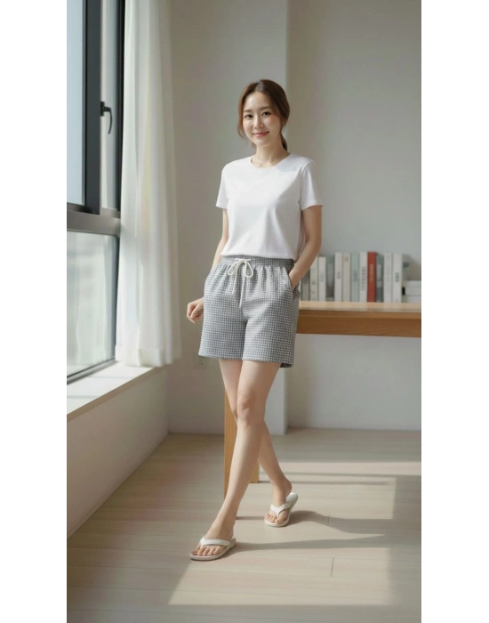 Kadın Pötikareli Şort – Beli Lastikli Bağcıklı, Cepli, Rahat Kesim Günlük Yazlık Şort - Füme