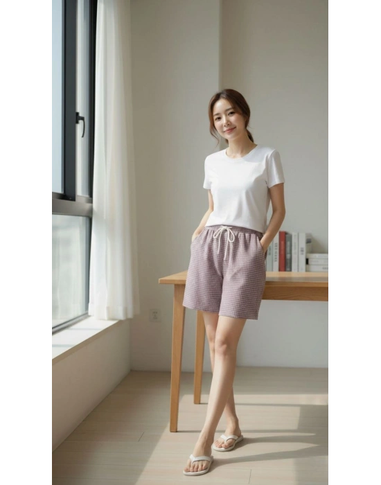 Kadın Pötikareli Şort – Beli Lastikli Bağcıklı, Cepli, Rahat Kesim Günlük Yazlık Şort - Gül Kurusu