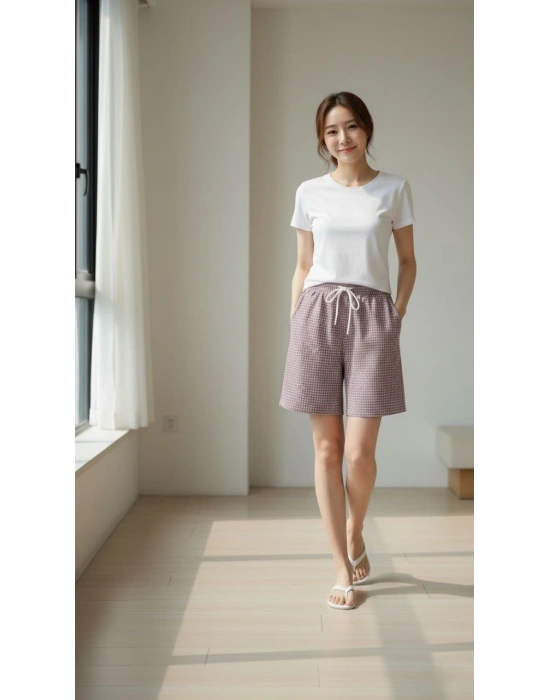 Kadın Pötikareli Şort – Beli Lastikli Bağcıklı, Cepli, Rahat Kesim Günlük Yazlık Şort - Gül Kurusu