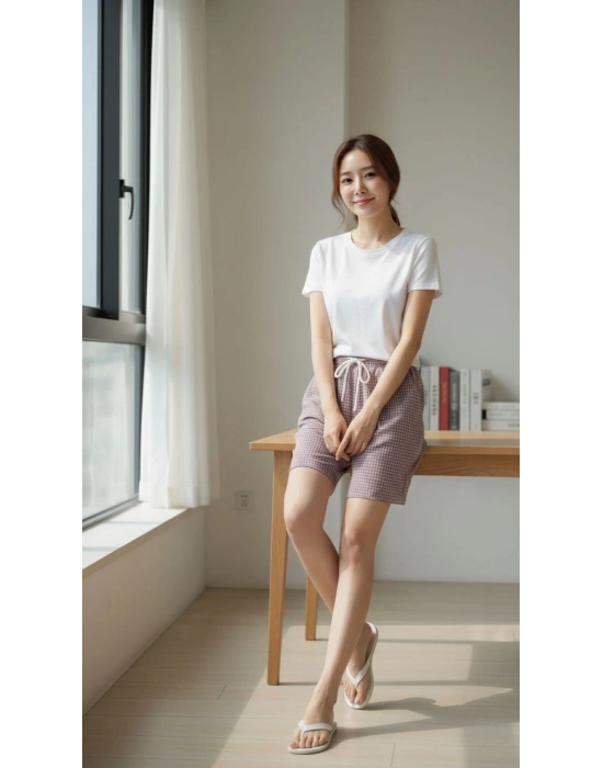 Kadın Pötikareli Şort – Beli Lastikli Bağcıklı, Cepli, Rahat Kesim Günlük Yazlık Şort - Gül Kurusu