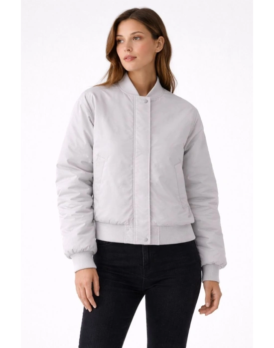 Kadın Premium Bomber Ceket Çıtçıt Kapamalı, Ribana Manşetli, Astarlı, Regular Fit Mont - Beyaz