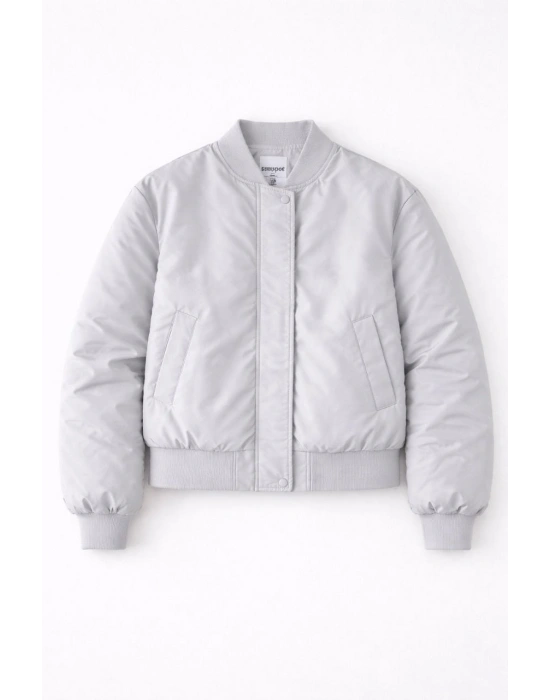 Kadın Premium Bomber Ceket Çıtçıt Kapamalı, Ribana Manşetli, Astarlı, Regular Fit Mont - Beyaz