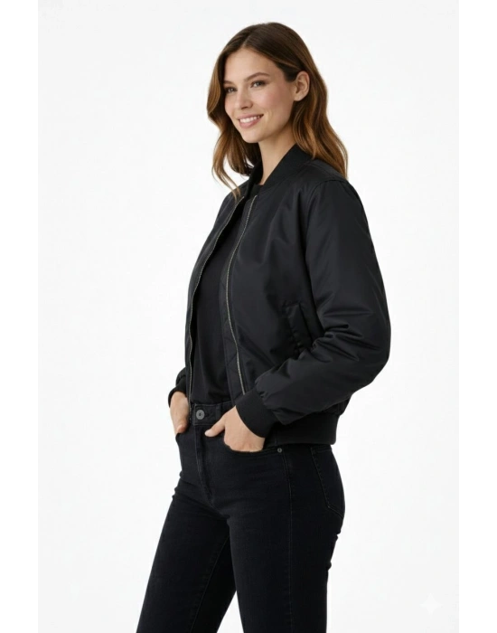Kadın Premium Bomber Ceket Çıtçıt Kapamalı, Ribana Manşetli, Astarlı, Regular Fit Mont - Siyah