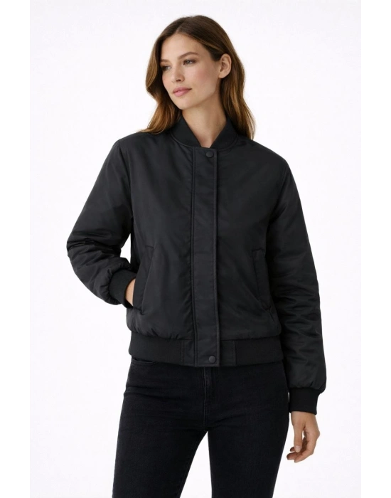 Kadın Premium Bomber Ceket Çıtçıt Kapamalı, Ribana Manşetli, Astarlı, Regular Fit Mont - Siyah