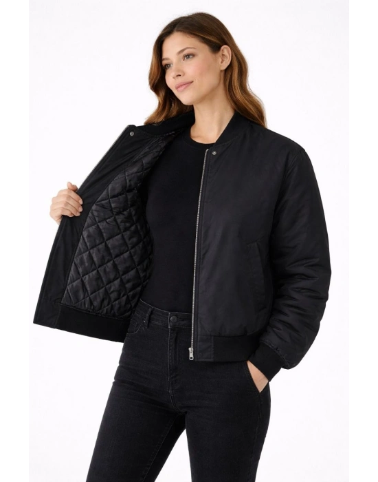 Kadın Premium Bomber Ceket Çıtçıt Kapamalı, Ribana Manşetli, Astarlı, Regular Fit Mont - Siyah