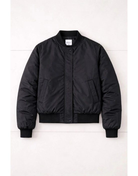 Kadın Premium Bomber Ceket Çıtçıt Kapamalı, Ribana Manşetli, Astarlı, Regular Fit Mont - Siyah