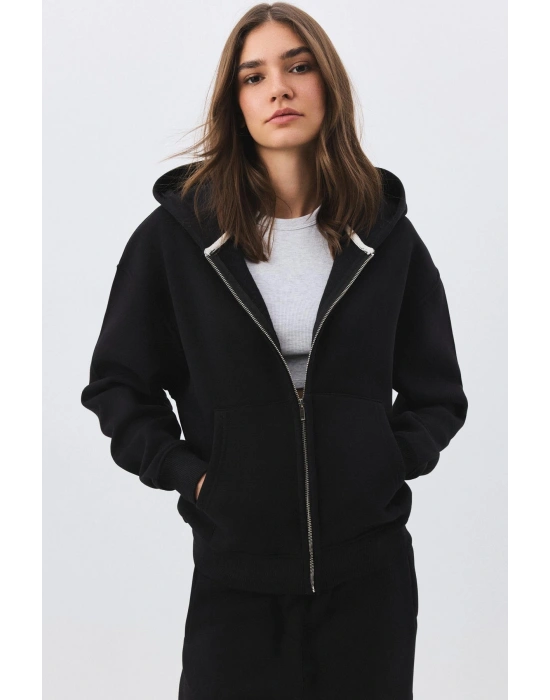 Kadın Premium Fermuarlı Kapşonlu Sweatshirt Siyah 2032