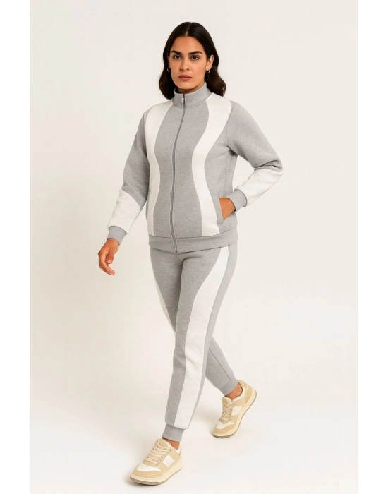 Kadın Premium Parçalı Eşofman Takım - Dik Yaka Fermuarlı Sweatshirt - Gri