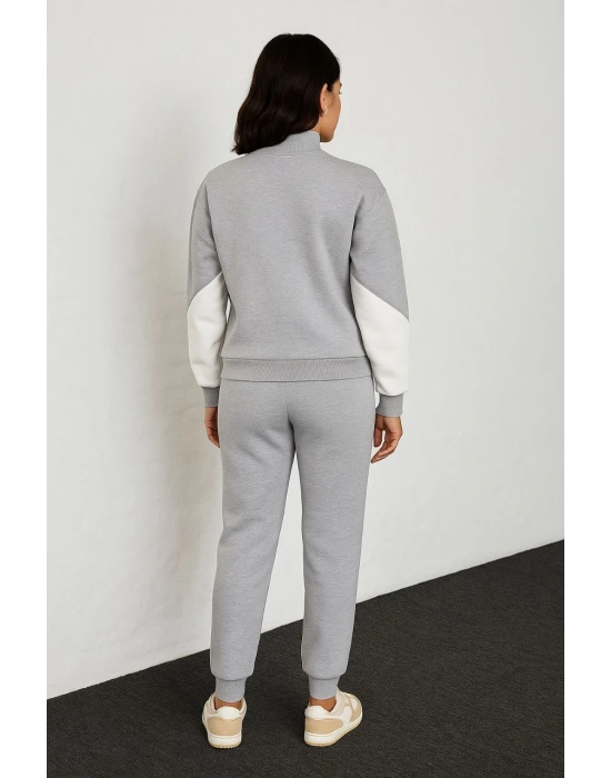 Kadın Premium Parçalı Eşofman Takım - Dik Yaka Fermuarlı Sweatshirt - Gri