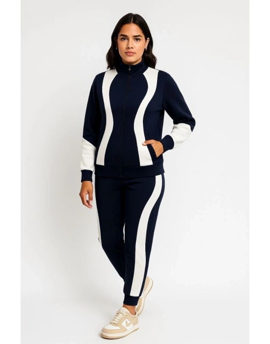 Kadın Premium Parçalı Eşofman Takım - Dik Yaka Fermuarlı Sweatshirt - Siyah