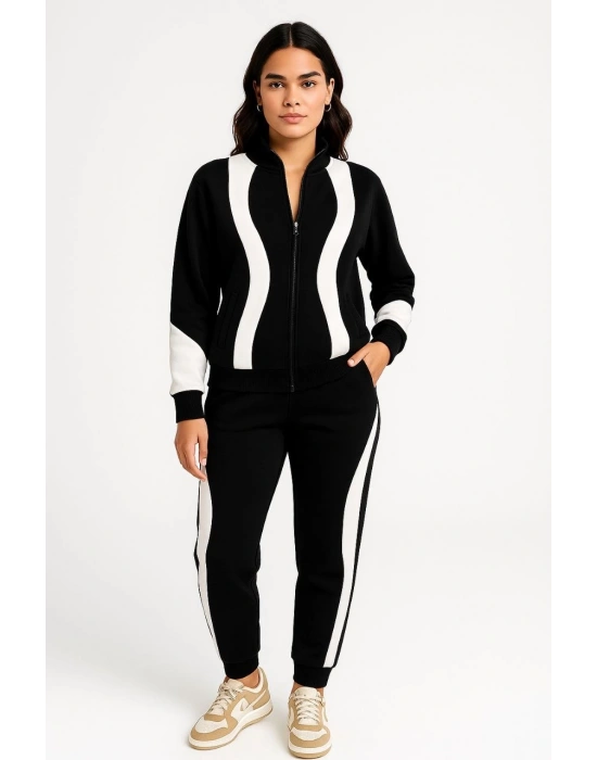 Kadın Premium Parçalı Eşofman Takım - Dik Yaka Fermuarlı Sweatshirt - Siyah