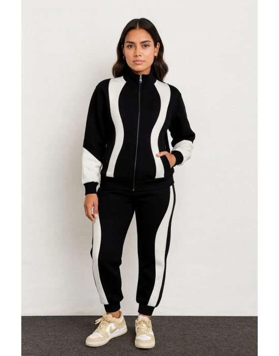 Kadın Premium Parçalı Eşofman Takım - Dik Yaka Fermuarlı Sweatshirt - Siyah