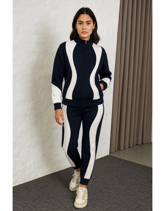 Kadın Premium Parçalı Eşofman Takım - Dik Yaka Fermuarlı Sweatshirt - Siyah